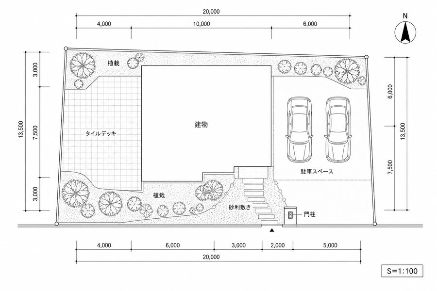 外構平面図の作図例(S=1:100・建物は外形のみ)